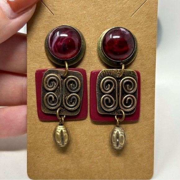 Boho Red Swirl Stud Dangle Earrings with Bronze Swirl Knotted Design Unique - Picture 5 of 8